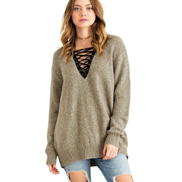 Entro Oversized Green Lace Up Cozy Knit Sweater Size Small - Picture 6 of 6